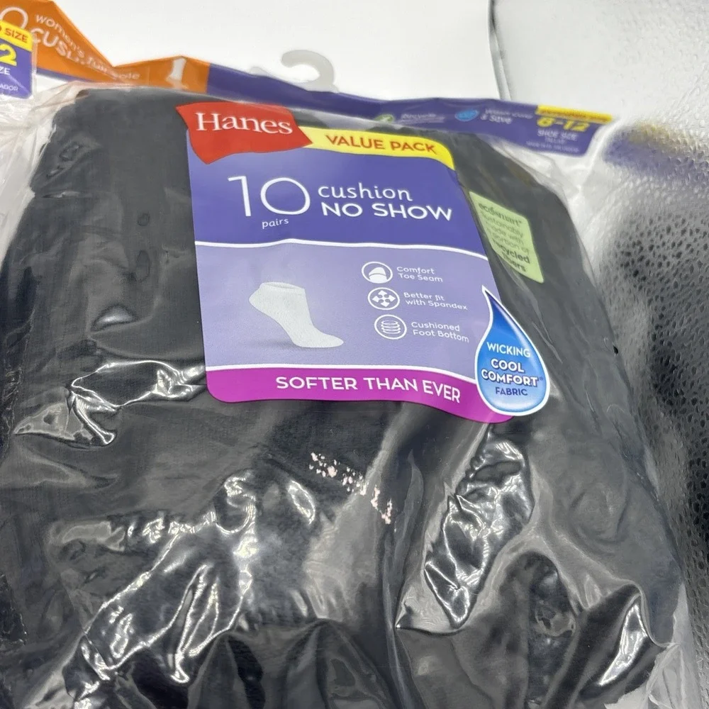 Hanes Womens Cushion No Show Socks Ecosmart 20 Pairs 8-12 Black 650/1P